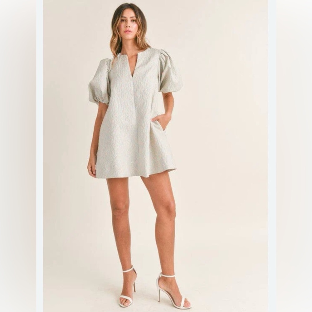 MABLE FLORAL JACQUARD PUFF SLEEVE BLUE MINI DRESS W/ POCKETS Large